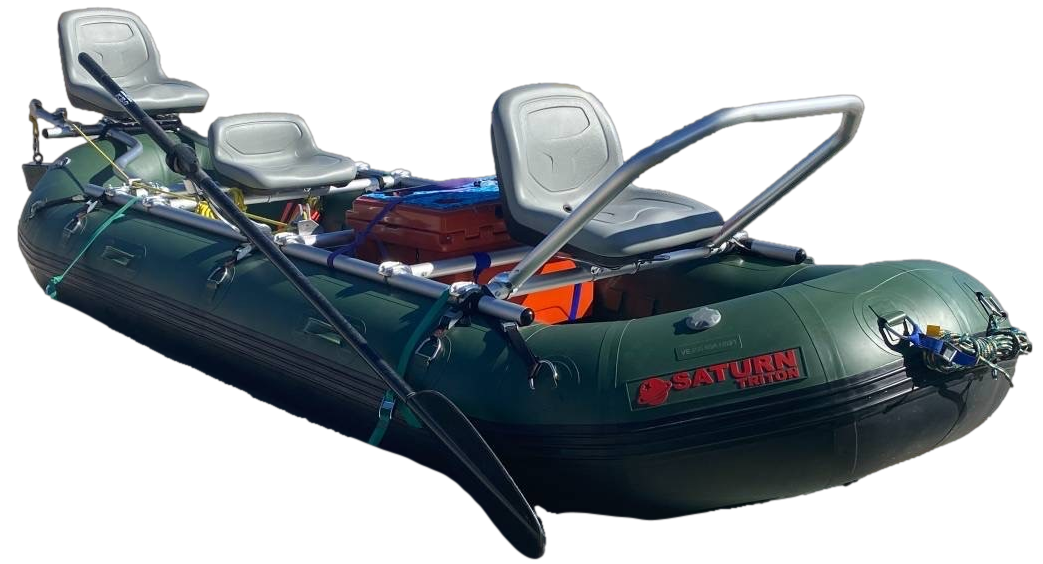 Custom 3-Seat NRS Fishing Frame Package. Also Includes Cataract KBO Oar Package. Optional Add-Ons Show Front Thighbar, Rear Anchor Assembly, Cooler, and Anchor Rope.