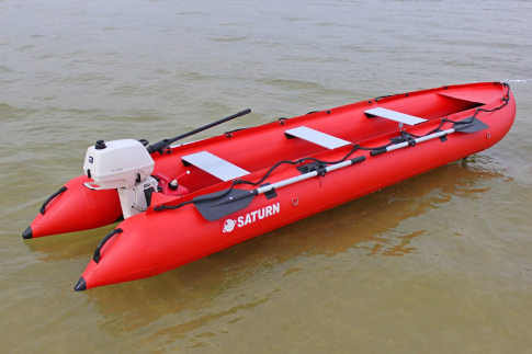 15' Saturn KaBoat SK470 - Red - On the Water with 3 HP Outboard Motor